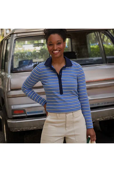 Lands' End Women's Petite Long Sleeve Micro Rib Woven Collar Polo In Blue