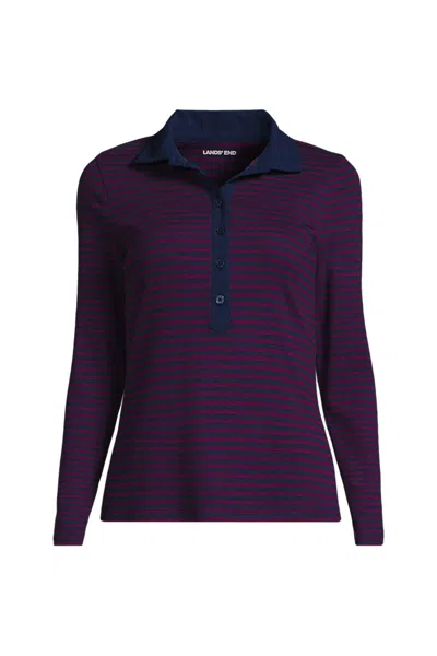 Lands' End Women's Petite Long Sleeve Micro Rib Woven Collar Polo In Purple