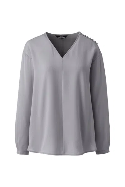 Lands' End Women's Petite Long Sleeve V-neck Button Shoulder Crepe Blouse In Gray