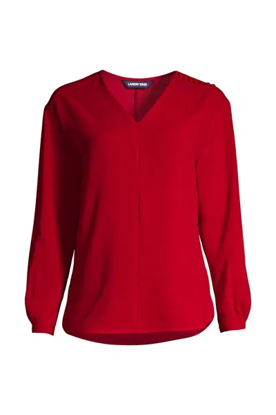 Lands' End Women's Petite Long Sleeve V-neck Button Shoulder Crepe Blouse In Red