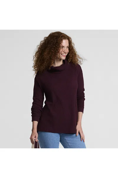 Lands' End Women's Petite Long Sleeve Waffle Cowl Neck Tunic In Burgundy