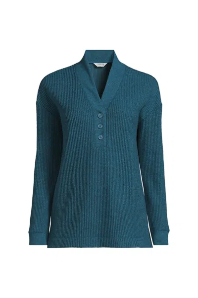 Lands' End Women's Petite Long Sleeve Waffle Shawl Collar Henley In Blue