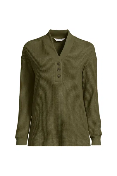 Lands' End Women's Petite Long Sleeve Waffle Shawl Collar Henley In Green