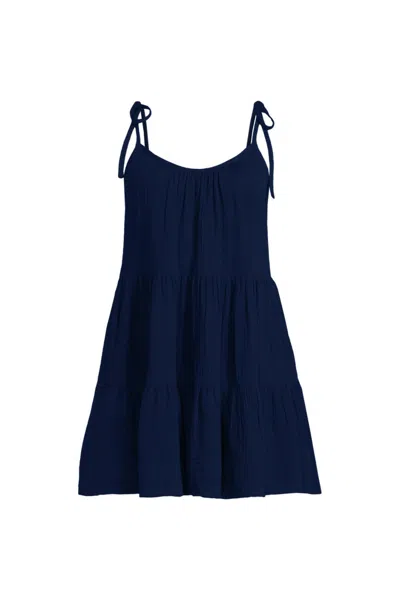 Lands' End Women's Petite Oversized Cotton Gauze Tiered Mini Cover-up Dress In Blue