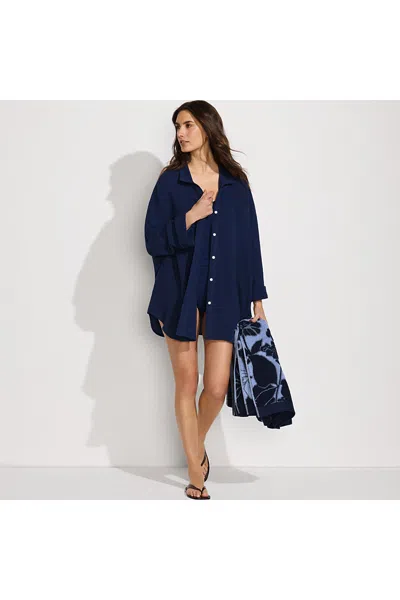 Lands' End Women's Petite Oversized Gauze Button Front Cover-up Shirt In Blue