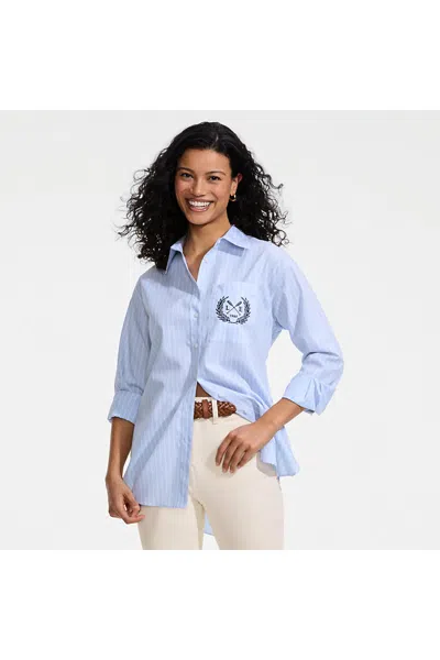 Lands' End Women's Petite Oversized No Iron Tunic With Statement Collar Shirt In Blue