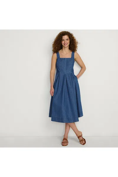 Lands' End Women's Petite Pleated Square Neck Light Weight Denim Midi Dress In Blue