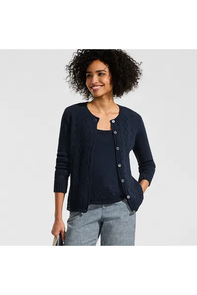 Lands' End Women's Petite Pointelle Crew Neck Cardigan Sweater In Blue