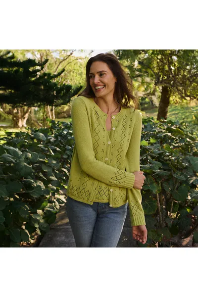 Lands' End Women's Petite Pointelle Crew Neck Cardigan Sweater In Green