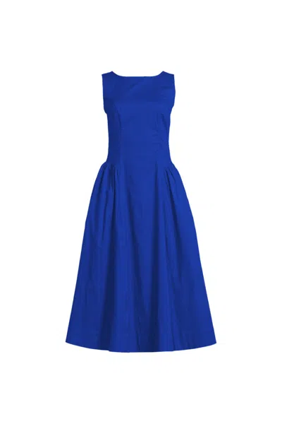 Lands' End Women's Petite Poplin Boatneck Midi Dress In Blue