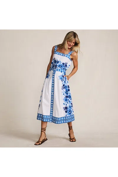 Lands' End Women's Petite Poplin Border Print Midi Skirt - Set Bottom In Blue