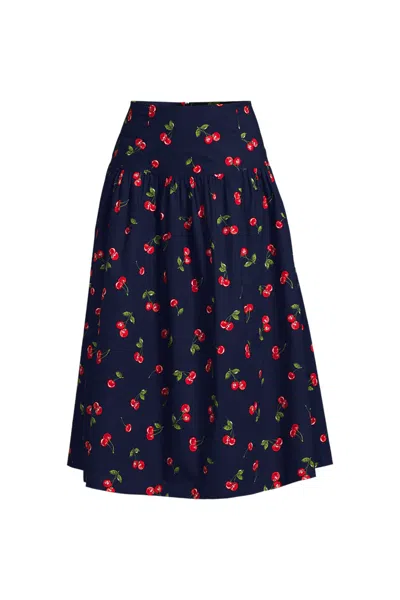 Lands' End Women's Petite Poplin Drop Waist Midi Skirt - Set Bottom In Blue