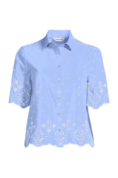 Lands' End Women's Petite Poplin Eyelet Button Front Shirt In Blue