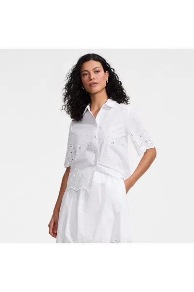 Lands' End Women's Petite Poplin Eyelet Button Front Shirt In White