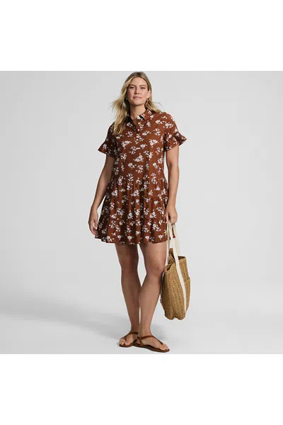Lands' End Women's Petite Poplin Flutter Sleeve Knee Length Popover Dress In Brown