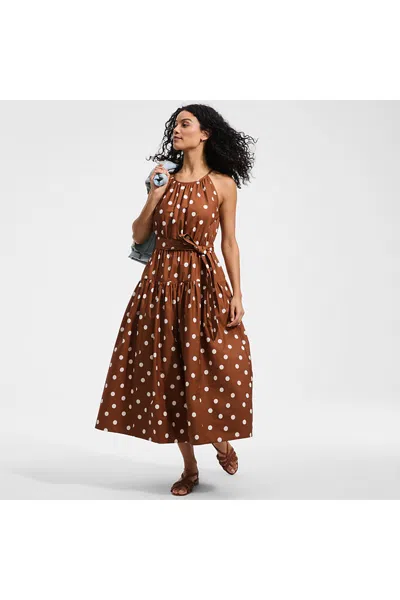 Lands' End Women's Petite Poplin Halter Midi Dress In Brown