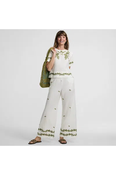 Lands' End Women's Petite Poplin High Rise Extra Wide Leg Embroidered Pants In Ivory