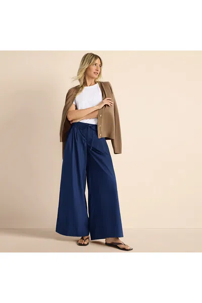 Lands' End Women's Petite Poplin Mid Rise Pleated Slouchy Pants In Blue