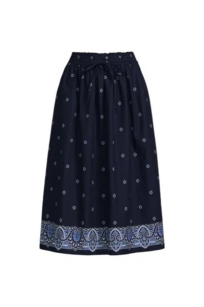Lands' End Women's Petite Poplin Pull On Midi Skirt In Blue