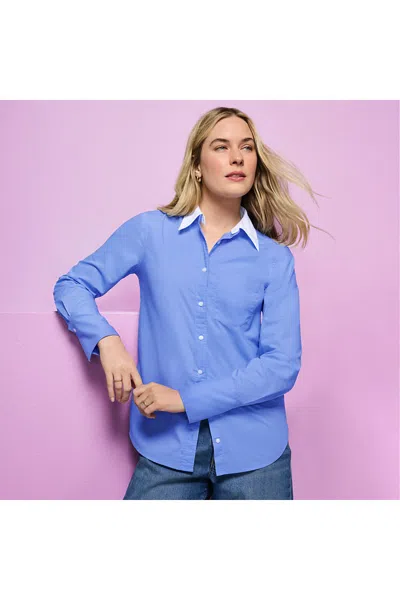 Lands' End Women's Petite Poplin Removable Collar Shirt In Blue