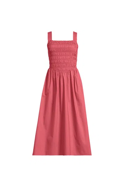 Lands' End Women's Petite Poplin Smocked Bodice Midi Dress In Pink