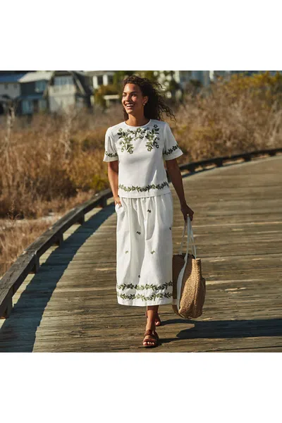 Lands' End Women's Petite Poplin Smocked Embroidered High Rise Midi Skirt In White