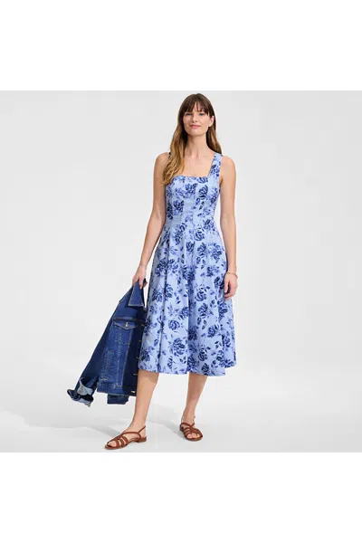 Lands' End Women's Petite Princess Seamed Cotton Poplin Midi Dress In Blue