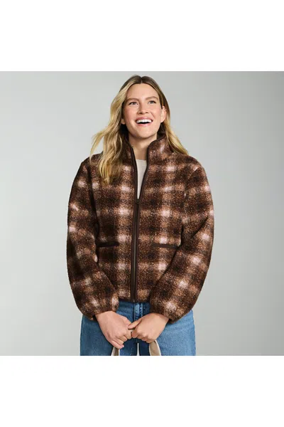 Lands' End Women's Petite Print Boucle Fleece Jacket In Brown