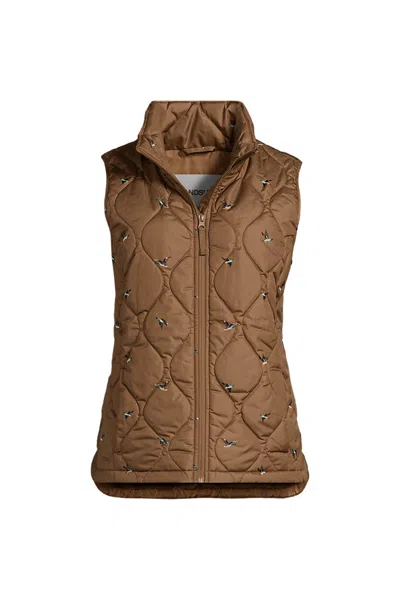 Lands' End Women's Petite Print Featherfree Quilted Insulated Vest In Brown