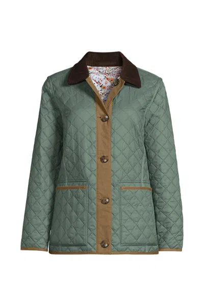 Lands' End Women's Petite Print Reversible Barn Quilted Insulated Jacket In Green