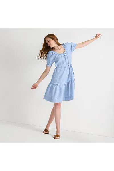 Lands' End Women's Petite Puff Sleeve Pleated Linen Knee Length Dress In Blue