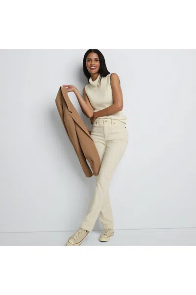 Lands' End Women's Petite Recycled Denim Mid Rise Straight Leg Jeans In Ivory