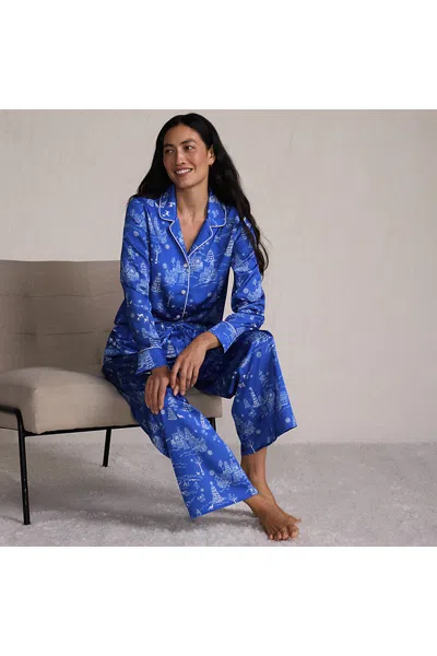 Lands' End Women's Petite Satin 2 Piece Pajama Set - Long Sleeve Top And Wide Leg Pants In Blue