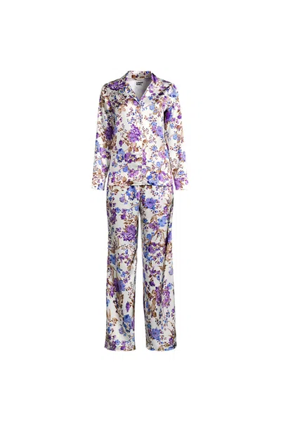 Lands' End Women's Petite Satin 2 Piece Pajama Set - Long Sleeve Top And Wide Leg Pants In Purple