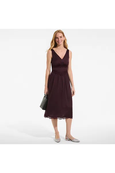 Lands' End Women's Petite Satin Sleeveless Lace Detail Dress In Brown