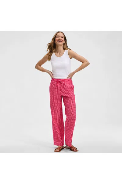 Lands' End Women's Petite Seersucker High Rise Drawstring Wide Leg Pants In Pink