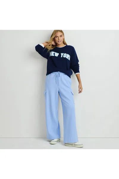 Lands' End Women's Petite Serious Sweats High Rise Wide Leg Cargo Pant - Set Bottom In Blue