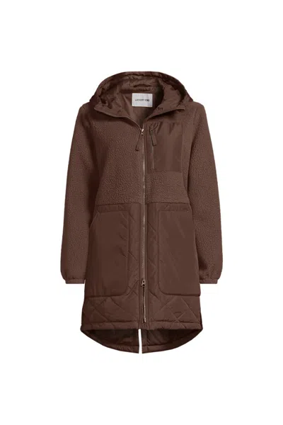 Lands' End Women's Petite Sherpa Fleece Quilted Mixed Media Parka In Brown