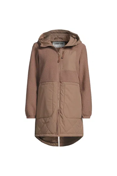 Lands' End Women's Petite Sherpa Fleece Quilted Mixed Media Parka In Brown