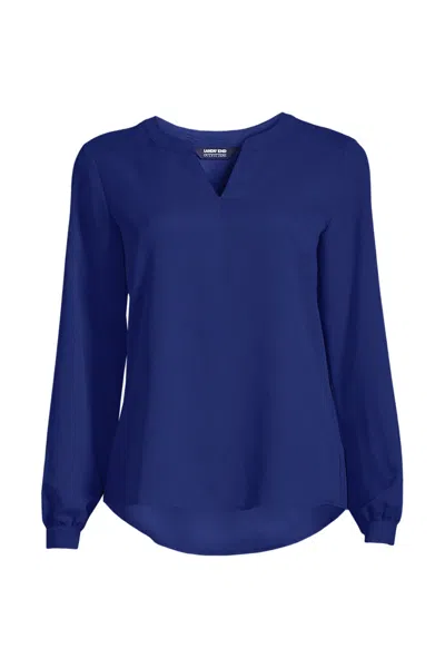 Lands' End Women's Petite Shirred Long Sleeve Split Neck Blouse In Blue