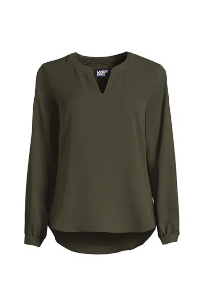 Lands' End Women's Petite Shirred Long Sleeve Split Neck Blouse In Green