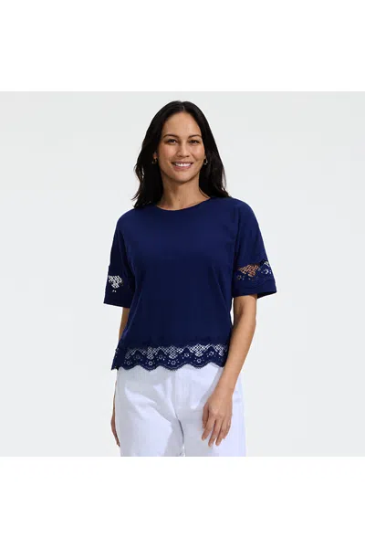 Lands' End Women's Petite Short Sleeve Slub Jersey Cutwork T-shirt In Multi