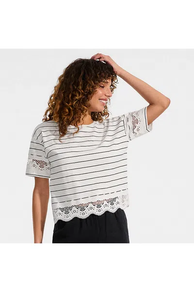 Lands' End Women's Petite Short Sleeve Slub Jersey Cutwork T-shirt In Ivory