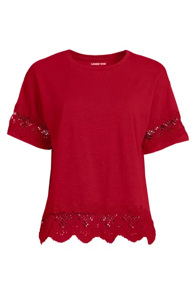 Lands' End Women's Petite Short Sleeve Slub Jersey Cutwork T-shirt In Red