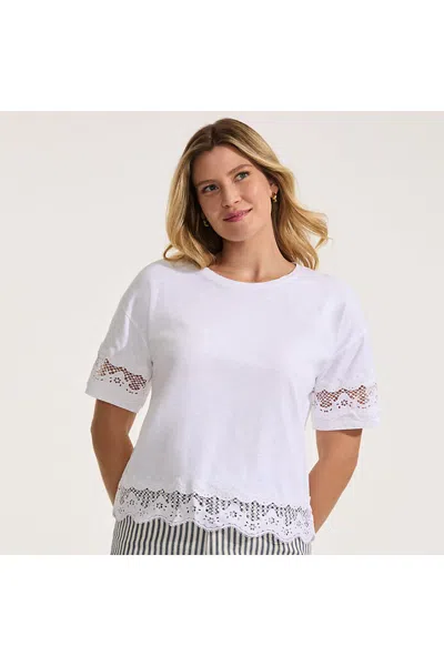 Lands' End Women's Petite Short Sleeve Slub Jersey Cutwork T-shirt In White