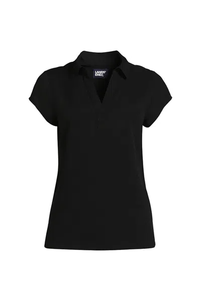 Lands' End Women's Petite Short Sleeve Split Neck Crepe Blouse In Black