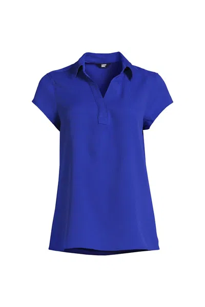 Lands' End Women's Petite Short Sleeve Split Neck Crepe Blouse In Blue