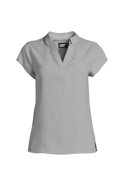 Lands' End Women's Petite Short Sleeve Split Neck Crepe Blouse In Gray