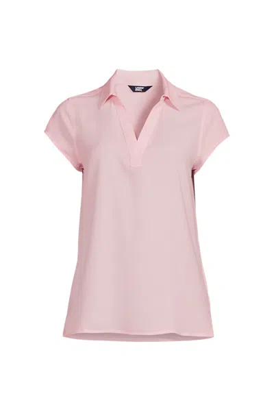 Lands' End Women's Petite Short Sleeve Split Neck Crepe Blouse In Pink