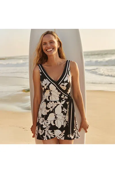 Lands' End Women's Petite Side Tie Mini Swim Dress Swimsuit In Black